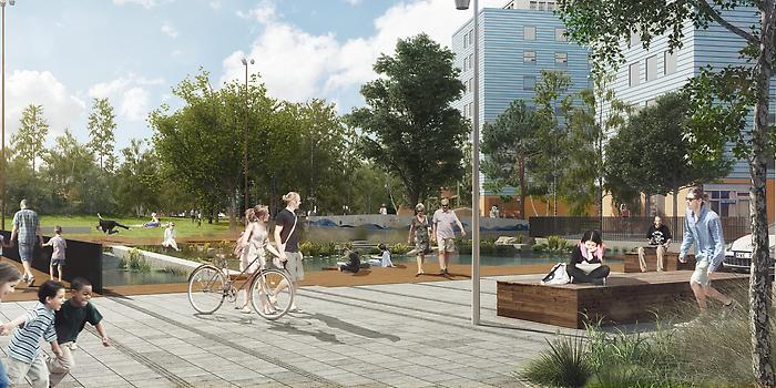 Illustration av torget och parken